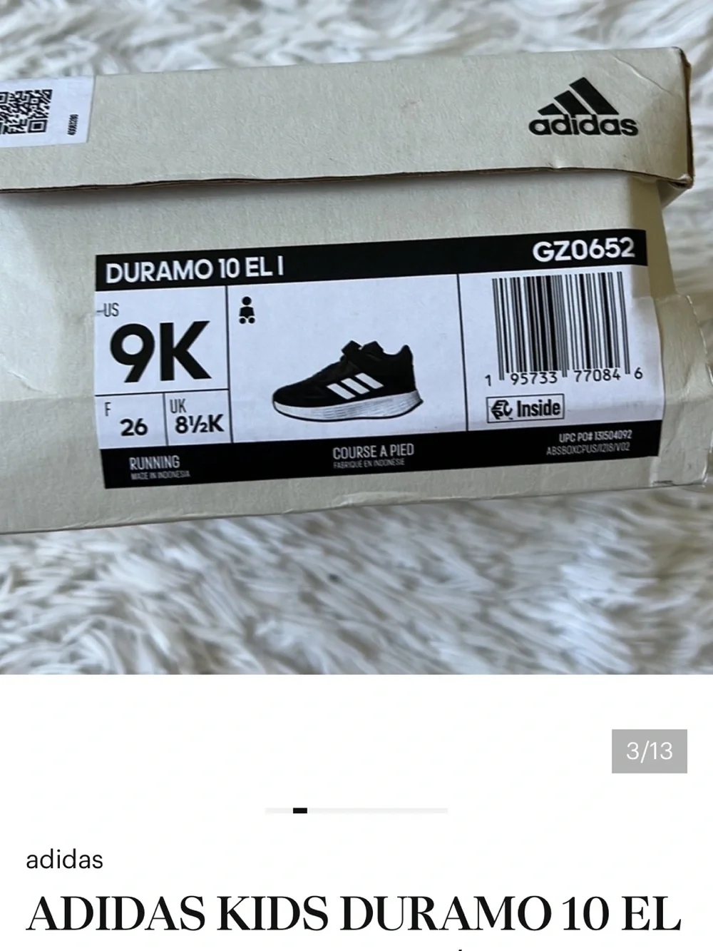 ADIDAS KIDS DURAMO 10 EL I SHOES IN BLACK/WHITE SIZE 9K